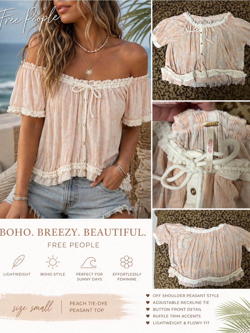 Free People Boho Off Shoulder Peasant Top Ruffle Trim Small - Picture 2 of 5
